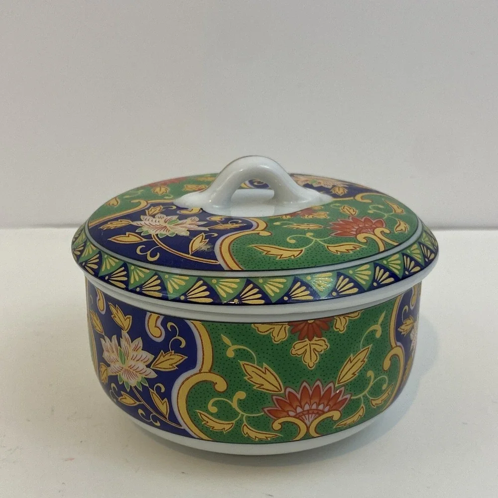 Andrea By Sadek Asian Porcelain Cloisonne Style Jar Trinket Box Lotus Floral Vtg